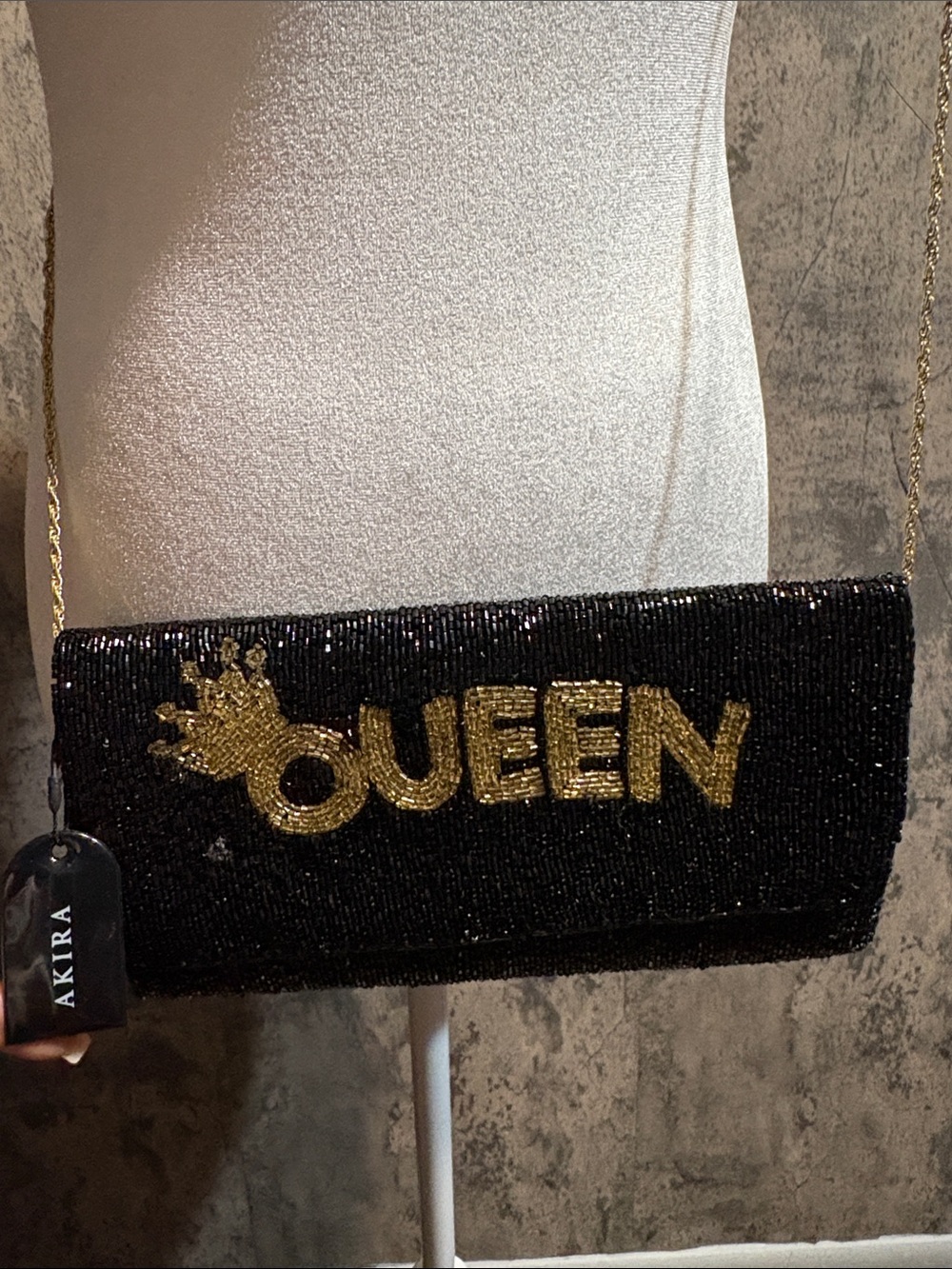 AKIRA Black Beaded 'QUEEN' Clutch with Gold Lettering